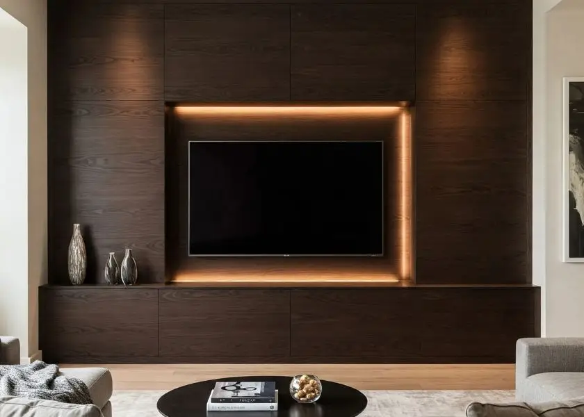 Ruang TV Minimalis Mewah dengan Rak Built-in Serbaguna